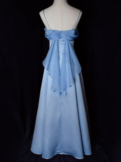 Vintage A-Line Spaghetti Straps Sleeveless Satin Backless Floor-Length Prom Dress