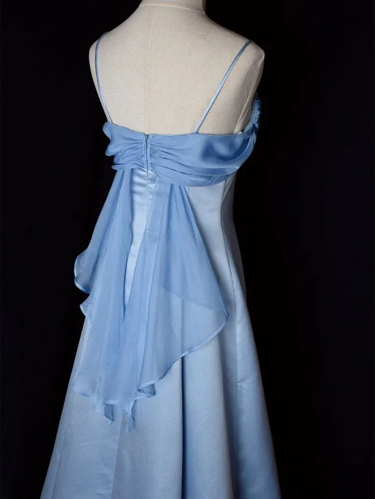 Vintage A-Line Spaghetti Straps Sleeveless Satin Backless Floor-Length Prom Dress