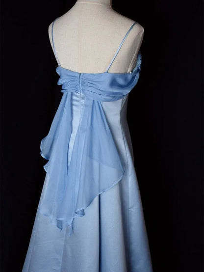 Vintage A-Line Spaghetti Straps Sleeveless Satin Backless Floor-Length Prom Dress