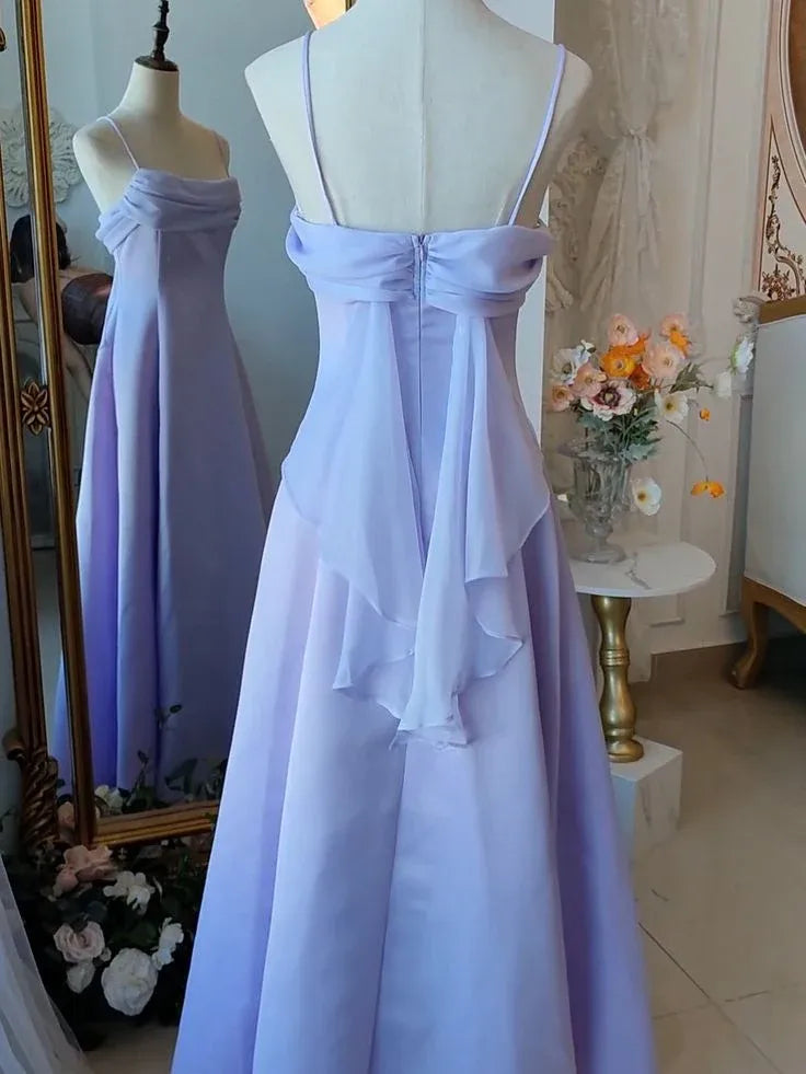 Vintage A-Line Spaghetti Straps Sleeveless Satin Backless Floor-Length Prom Dress