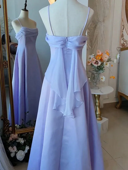 Vintage A-Line Spaghetti Straps Sleeveless Satin Backless Floor-Length Prom Dress