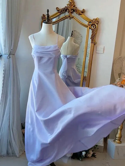 Vintage A-Line Spaghetti Straps Sleeveless Satin Backless Floor-Length Prom Dress