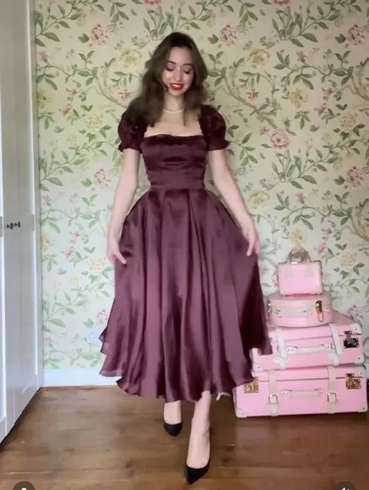 Vintage A-Line Square-Neck Short Puff-Sleeve Satin Burgundy Midi Evening Dress for Women