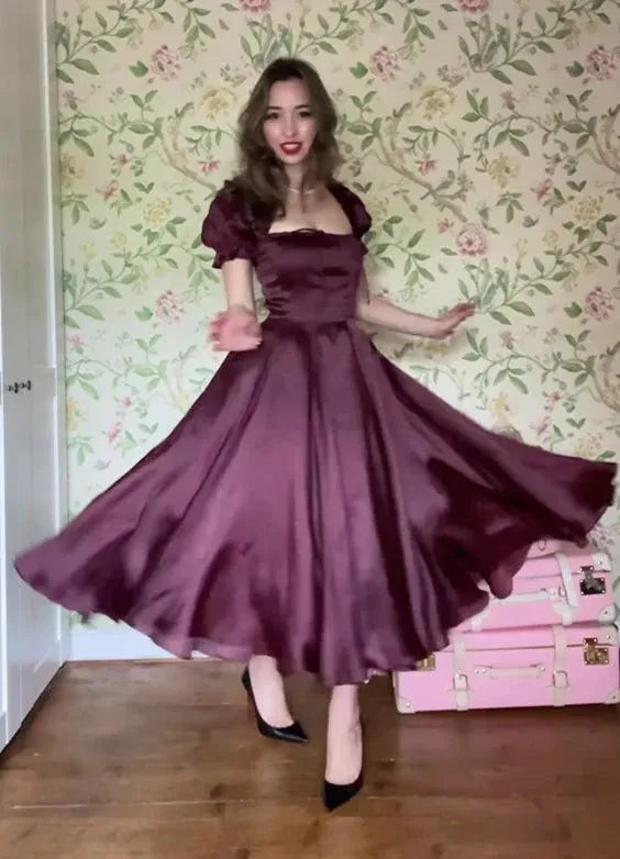 Vintage A-Line Square-Neck Short Puff-Sleeve Satin Burgundy Midi Evening Dress for Women
