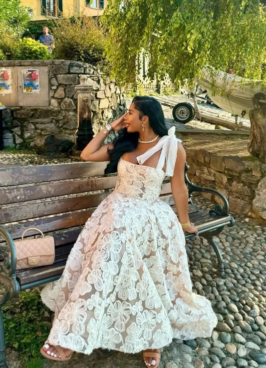 Vintage A-Line Square Neck Sleeveless Flower Tulle Ankle-Length Prom Dress