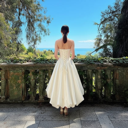 Vintage A-Line Strapless 3D Floral Long White Prom Dress With Asymmetric Hem