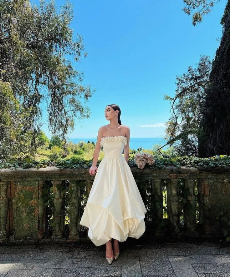 Vintage A-Line Strapless 3D Floral Long White Prom Dress With Asymmetric Hem