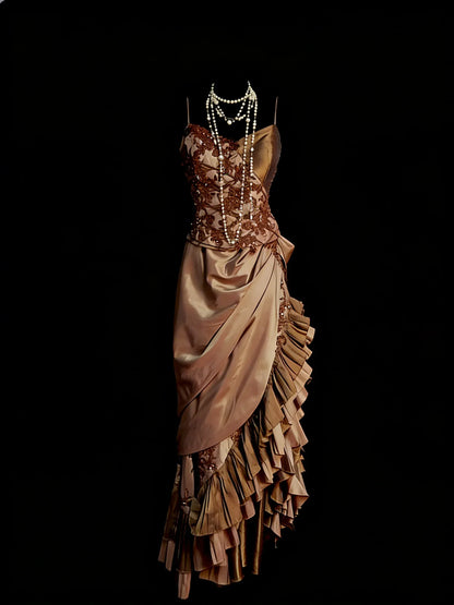 Vintage A-Line Sweetheart Spaghetti Strap Asymmetrical Ruffle Evening Gown