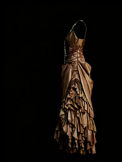 Vintage A-Line Sweetheart Spaghetti Strap Asymmetrical Ruffle Evening Gown