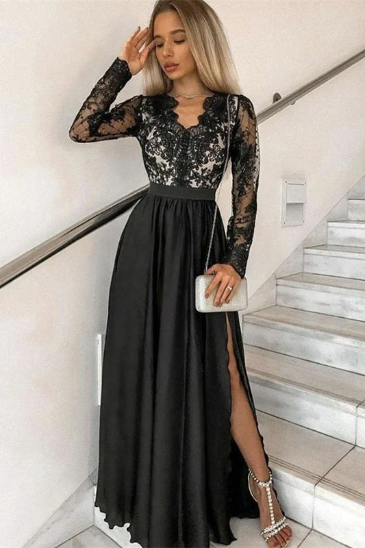 Vintage A-Line V Neck Long Sleeve Lace Up Floor-Length Prom Dress