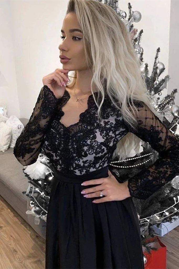 Vintage A-Line V Neck Long Sleeve Lace Up Floor-Length Prom Dress