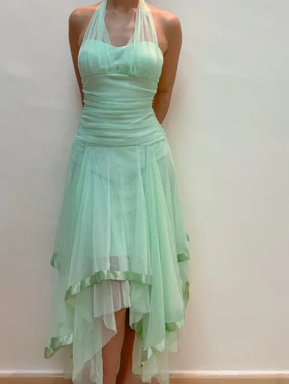 Vintage A-line Halter V Neck Sleeveless Tulle Backless Asymmetrical-Length Prom Dress
