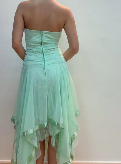 Vintage A-line Halter V Neck Sleeveless Tulle Backless Asymmetrical-Length Prom Dress