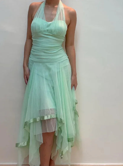 Vintage A-line Halter V Neck Sleeveless Tulle Backless Asymmetrical-Length Prom Dress