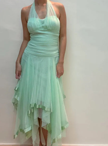 Vintage A-line Halter V Neck Sleeveless Tulle Backless Asymmetrical-Length Prom Dress