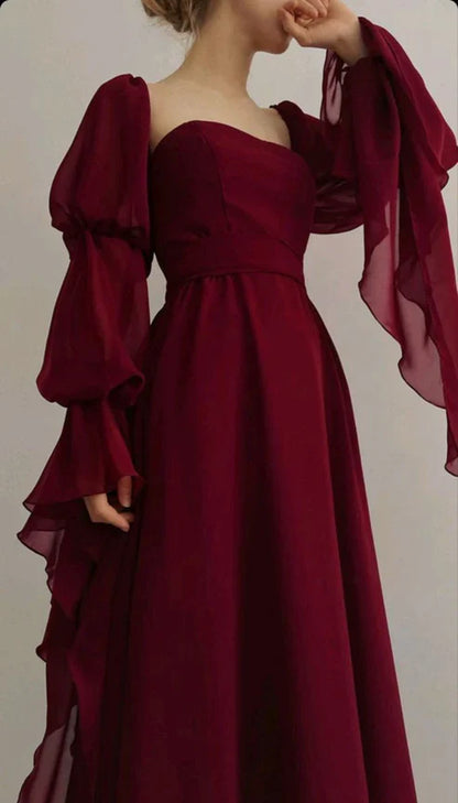 Vintage A-line Square Neck Long Sleeve Zipper Up Floor-Length Prom Dress