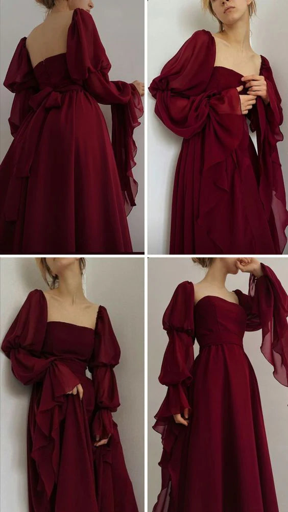 Vintage A-line Square Neck Long Sleeve Zipper Up Floor-Length Prom Dress