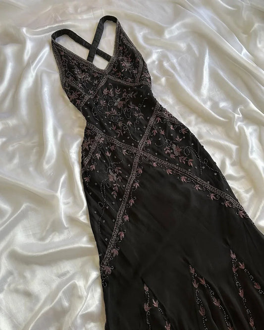 Vintage A Line V Neck Sleeveless Open Back Long Prom Dresses