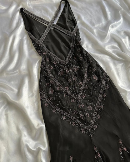 Vintage A Line V Neck Sleeveless Open Back Long Prom Dresses