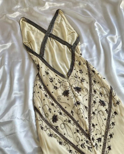 Vintage A Line V Neck Sleeveless Open Back Long Prom Dresses