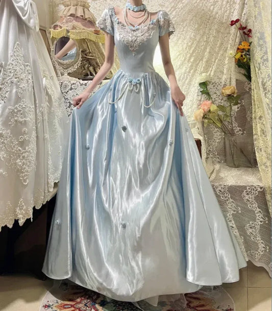 Vintage Ball Gown Off-Shoulder Short-Sleeve Lace Sky Blue Maxi Prom Dress for Women Custom