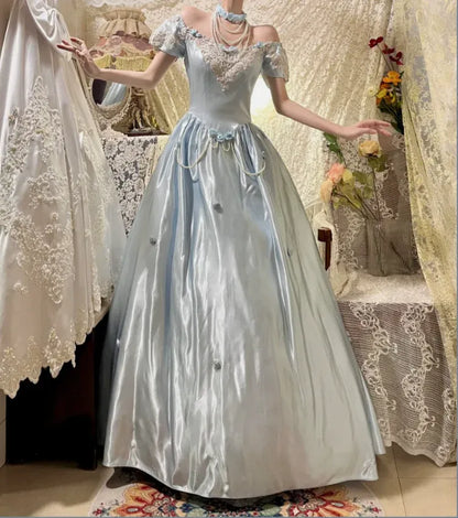 Vintage Ball Gown Off-Shoulder Short-Sleeve Lace Sky Blue Maxi Prom Dress for Women Custom