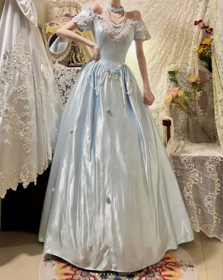 Vintage Ball Gown Off-Shoulder Short-Sleeve Lace Sky Blue Maxi Prom Dress for Women Custom