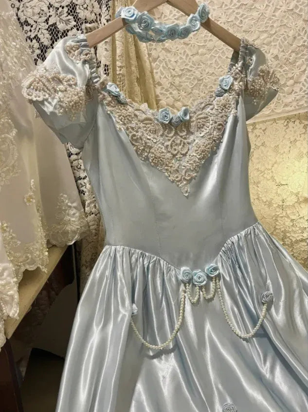 Vintage Ball Gown Off-Shoulder Short-Sleeve Lace Sky Blue Maxi Prom Dress for Women Custom