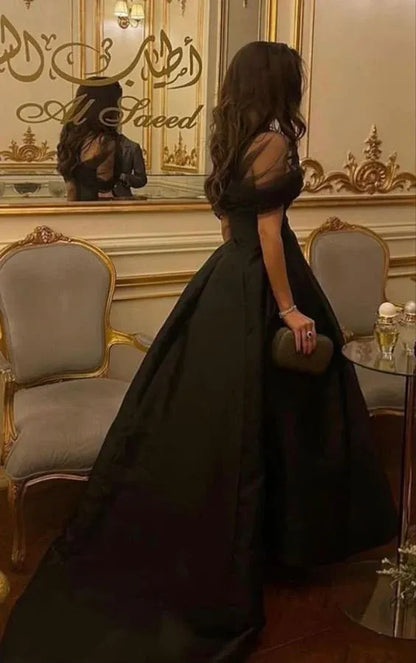 Vintage Ball Gown Off-Shoulder Tulle Satin Black Floor-Length Prom Dress