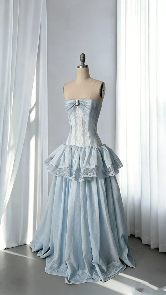 Vintage Ball Gown Strapless Corset Ruffle Satin Lace Trim Maxi Party Dress