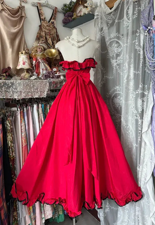 Vintage Ball Gown Strapless Sleeveless Ruffled Red Midi Prom Dress for Women Custom