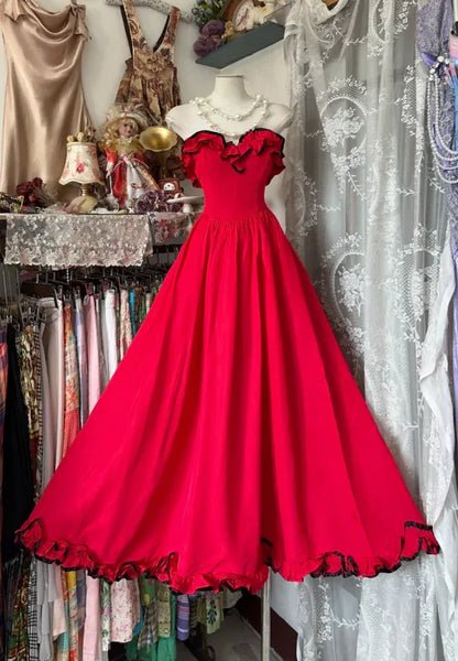 Vintage Ball Gown Strapless Sleeveless Ruffled Red Midi Prom Dress for Women Custom