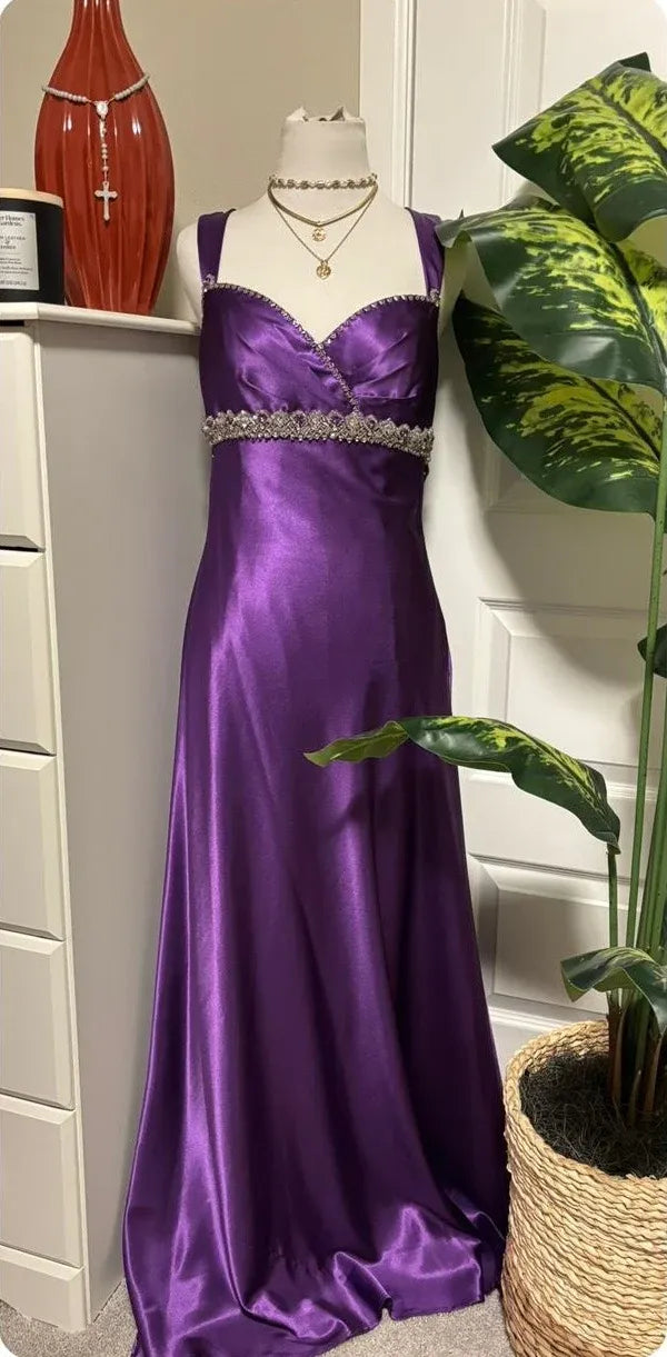 Vintage Ball Gown V Neck Sleeveless Beaded Satin Floor-Length Prom Dress