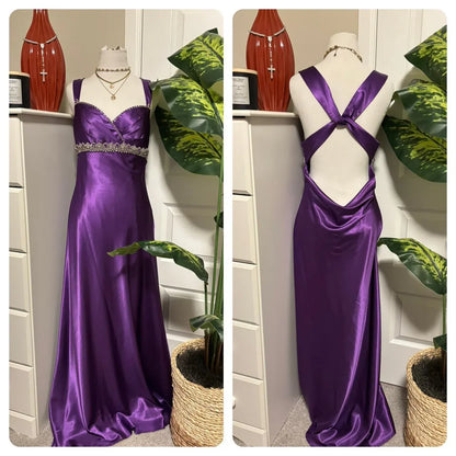 Vintage Ball Gown V Neck Sleeveless Beaded Satin Floor-Length Prom Dress