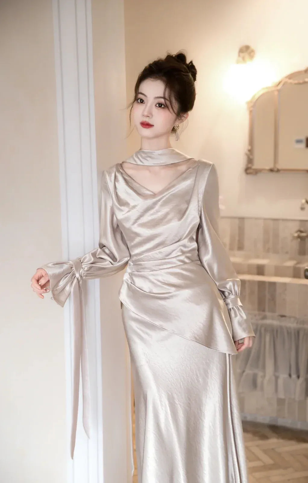 Vintage Glam Mermaid Cowl Neck Satin Champagne Maxi Prom Dress for Women ready to ship