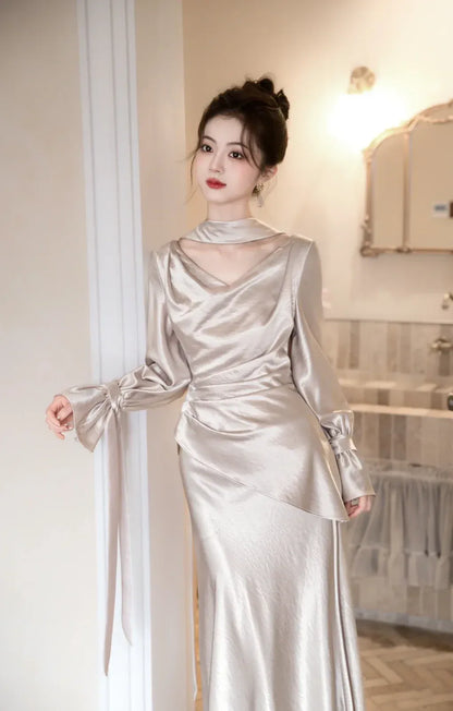 Vintage Glam Mermaid Cowl Neck Satin Champagne Maxi Prom Dress for Women ready to ship