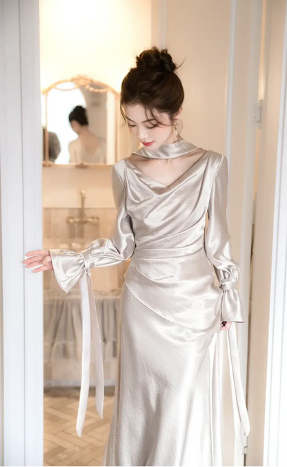 Vintage Glam Mermaid Cowl Neck Satin Champagne Maxi Prom Dress for Women ready to ship