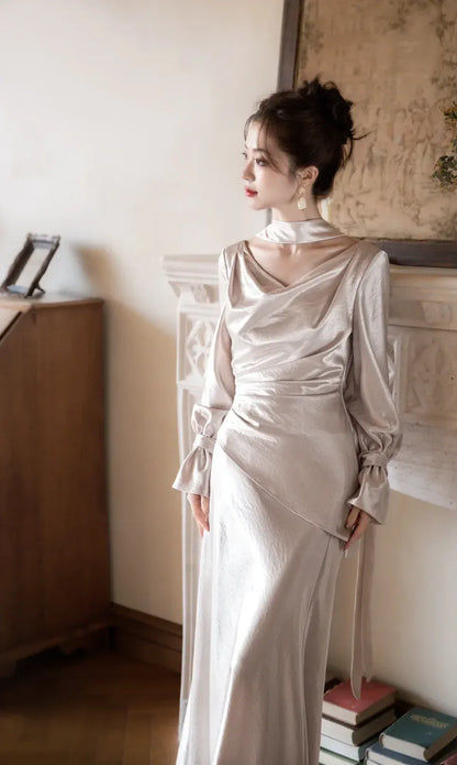 Vintage Glam Mermaid Cowl Neck Satin Champagne Maxi Prom Dress for Women ready to ship