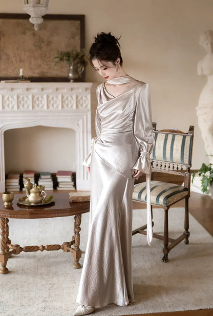 Vintage Glam Mermaid Cowl Neck Satin Champagne Maxi Prom Dress for Women ready to ship