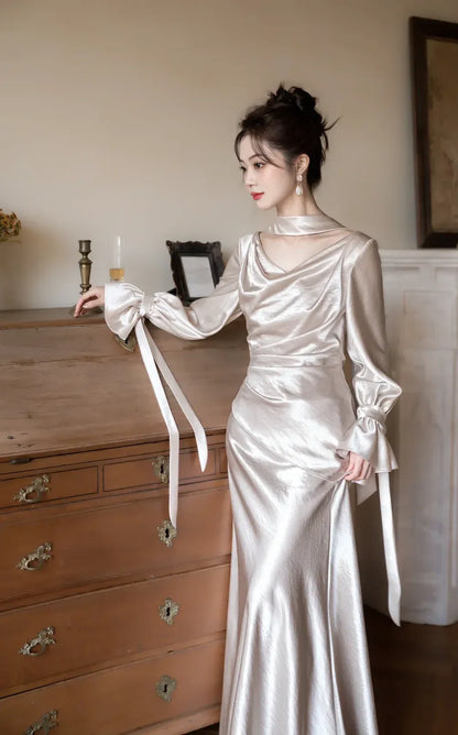 Vintage Glam Mermaid Cowl Neck Satin Champagne Maxi Prom Dress for Women ready to ship