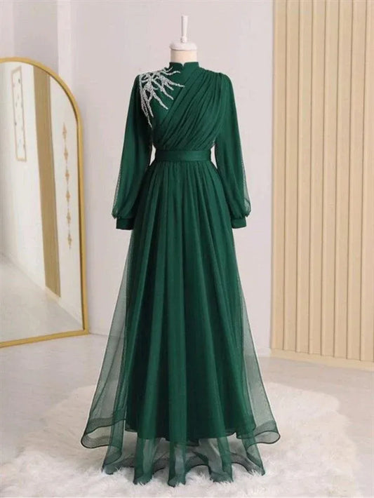 Vintage High Neck Ball Gown Long Sleeve Pleated Tulle Sweep Train Party Dress