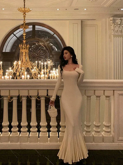 Vintage Hollywood Mermaid Square Neck Long-Sleeve Ivory Maxi Prom Dress for Women ready to ship