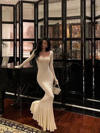 Vintage Hollywood Mermaid Square Neck Long-Sleeve Ivory Maxi Prom Dress for Women ready to ship