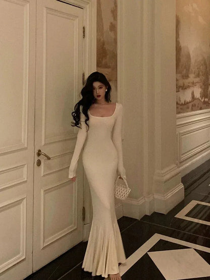 Vintage Hollywood Mermaid Square Neck Long-Sleeve Ivory Maxi Prom Dress for Women ready to ship