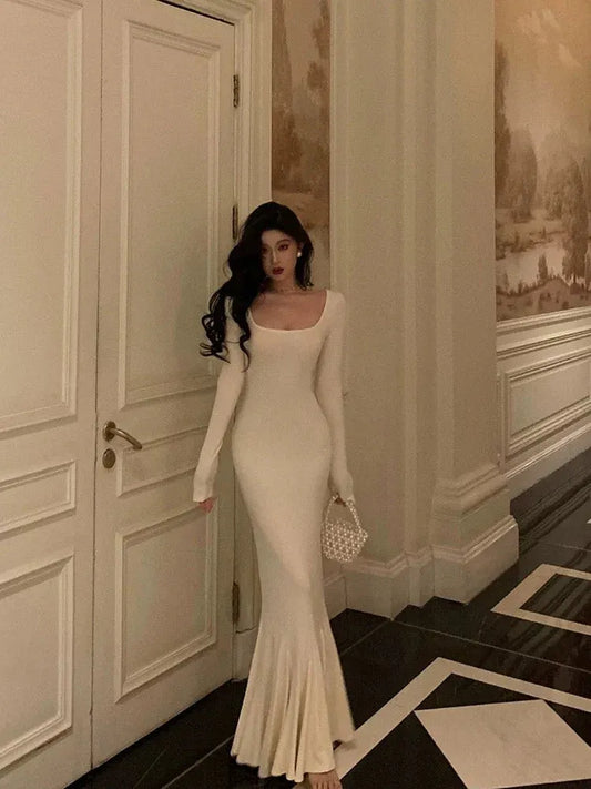 Vintage Hollywood Mermaid Square Neck Long-Sleeve Ivory Maxi Prom Dress for Women ready to ship