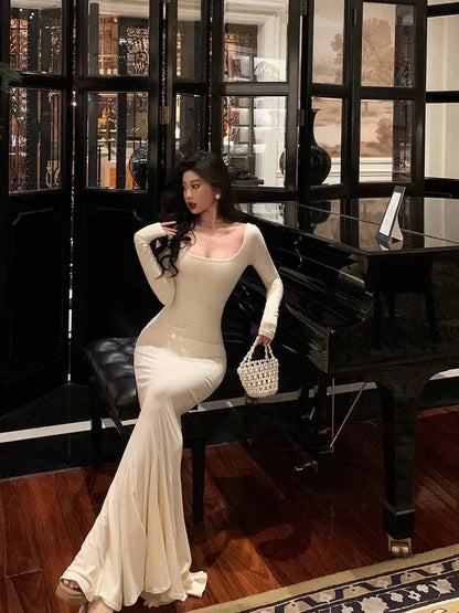 Vintage Hollywood Mermaid Square Neck Long-Sleeve Ivory Maxi Prom Dress for Women ready to ship
