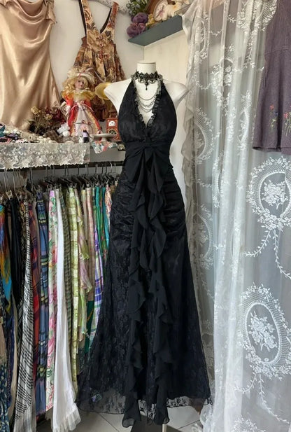 Vintage Mermaid Halter-Neck Ruffled Lace Black Floor-Length Evening Dress for Women