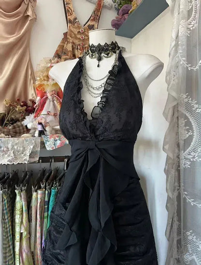 Vintage Mermaid Halter-Neck Ruffled Lace Black Floor-Length Evening Dress for Women