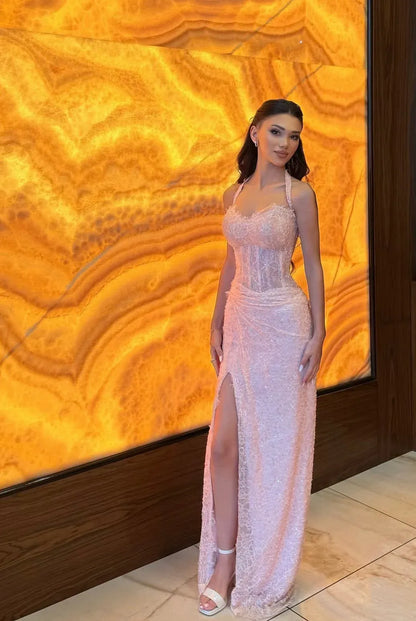 Vintage Mermaid Halter Neck Sleeveless Lace Slit Floor-Length Prom Dress