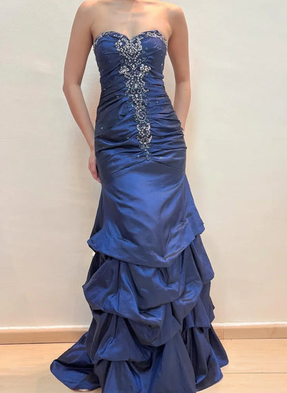 Vintage Mermaid Off the Shoulder Sleeveless Satin Pleated Floor-Length Prom Dress